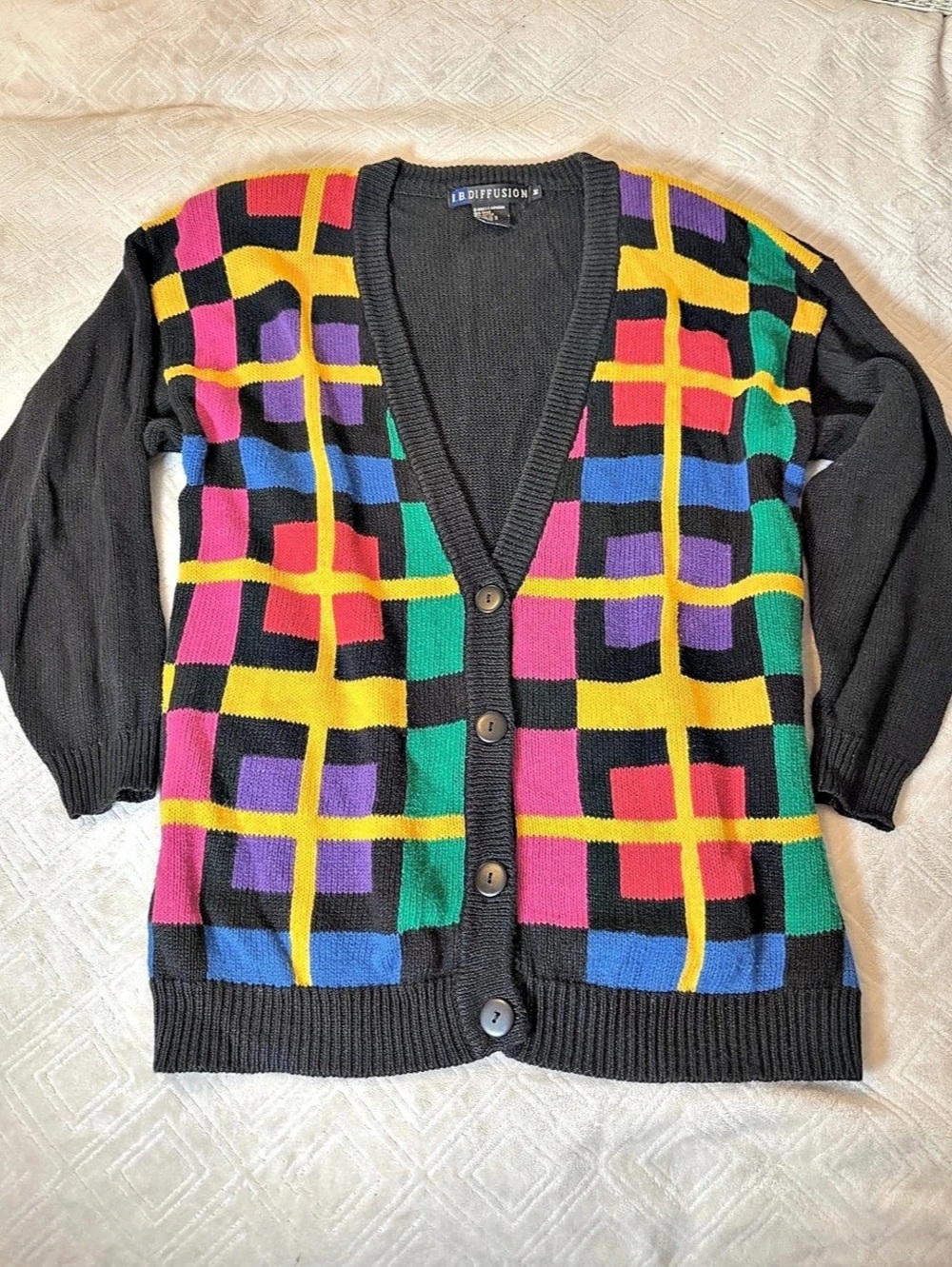 Vintage 90s I.B. Diffusion Color Block Cardigan Womens M Geometric Funky Sweater